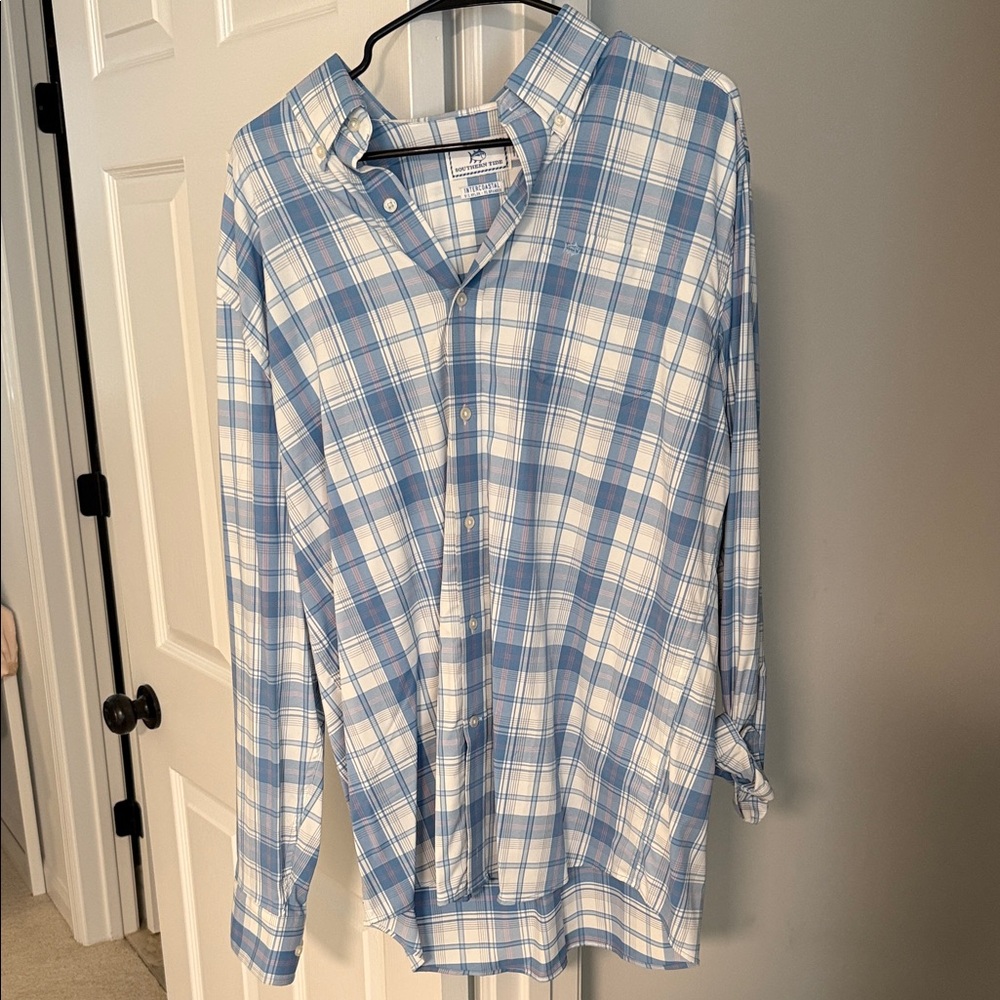 Southern Tide Blue and White Plaid Shirt